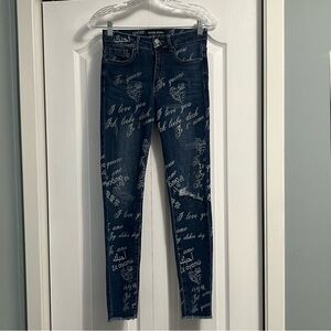 FRANK LYMAN MONTREAL love language print blue denim skinny jeans women’s size XS